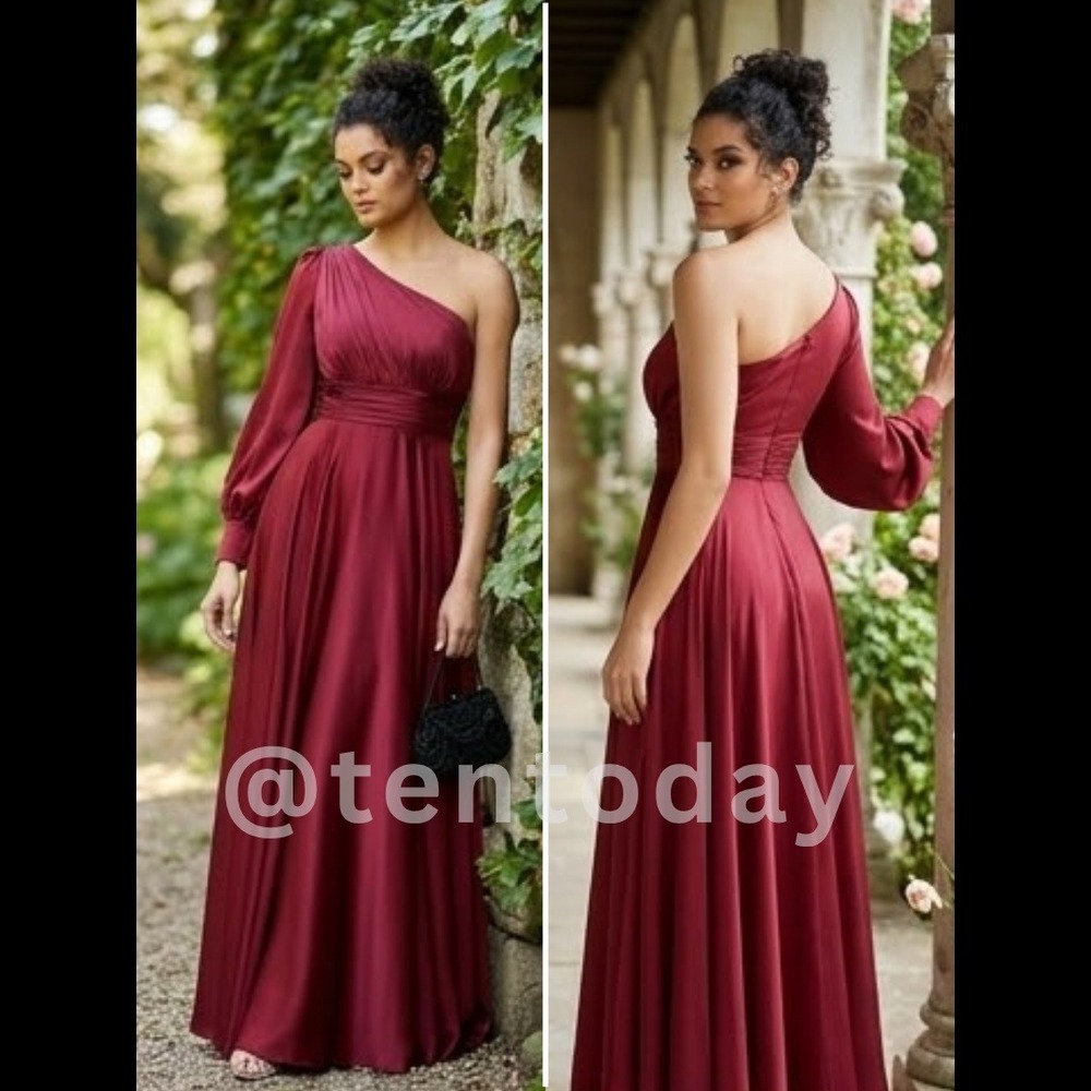 $498 Mac Duggal Size 4 Red Satin One Shoulder Ruched Long Maxi Gown Formal Dress